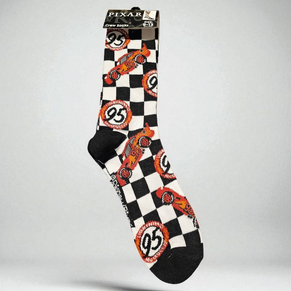 Pixar Black and White Checkered Socks with Red Car Design